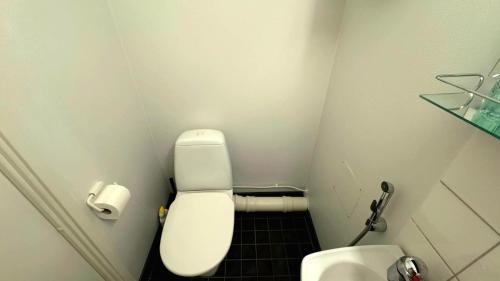 a small bathroom with a toilet and a sink at Delux room with Sauna in Espoo