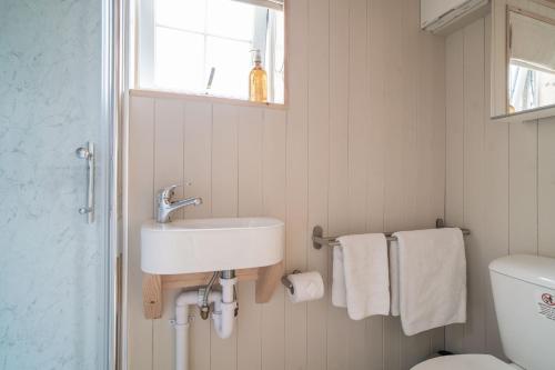 a bathroom with a sink and a toilet and a window at Ailsa- Enchanting Tiny House with wood burner and hot tub in Cairngorms in Ballater