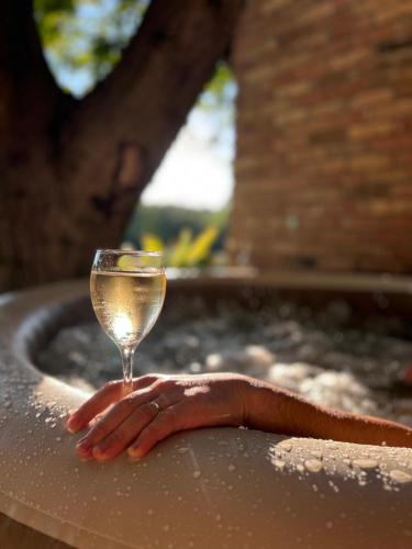 a hand holding a glass of wine on a table at Kuća za odmor u prirodi Ivana in Ilok