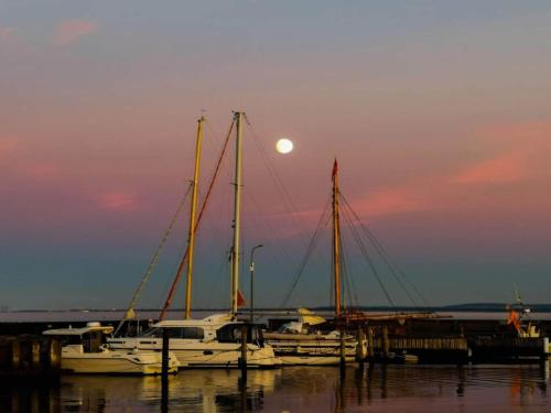 a group of boats docked at a dock with the moon at 10 person holiday home in Ålbæk in Ålbæk