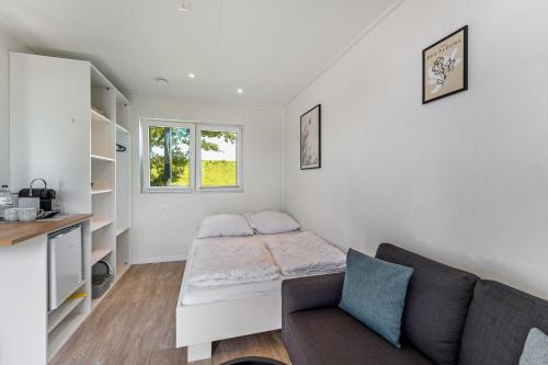 a small room with a bed and a couch at Surfbrett 1 - Zimmer mit Deichblick in Dahme