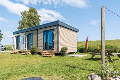 a tiny house with a blue roof on a grass field at Surfbrett 1 - Zimmer mit Deichblick in Dahme