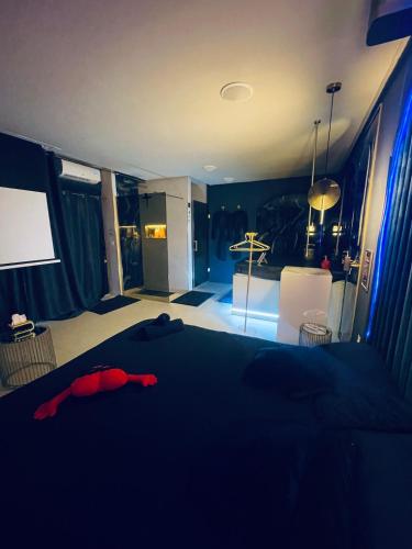 a dark room with a bed and a television at Love Room 85 in Kortrijk