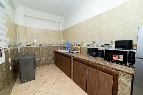 a kitchen with a counter top with a microwave at Appartement Dar Tamraght in Tamraght Ouzdar