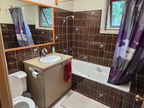 a bathroom with a sink and a tub and a toilet at Chambre chez Martin in Saguenay