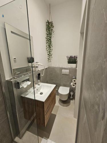 a bathroom with a sink and a toilet at ApartHotel Rahl 24h Self Check-in in Hamburg