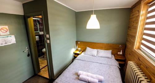 a small bedroom with a bed and a mirror at Gorski vrt in Novi Sad
