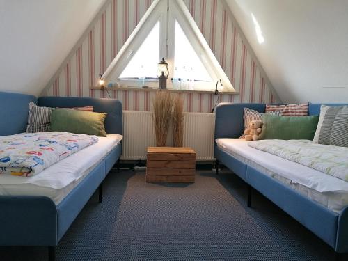 two blue beds in a room with a window at Paula - gemütliche Maisonette auf Fehmarn in Fehmarn