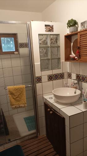 a bathroom with a sink and a shower at chambre à la campagne in Saint-Mathieu
