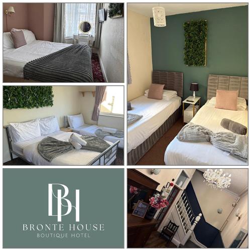 a collage of four pictures of a bedroom with two beds at Bronte House - Blackpool in Blackpool