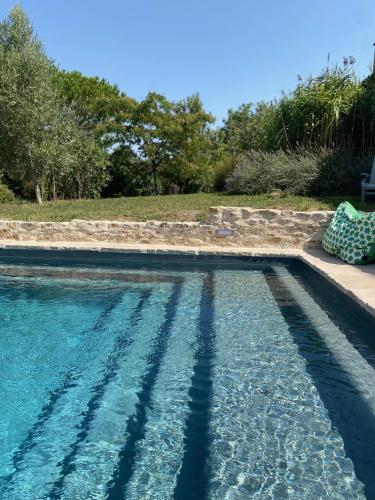 a swimming pool with blue water in a yard at Le Clos de l'Herbaudière in Saivres