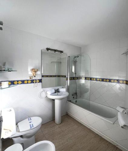 a bathroom with a toilet and a sink and a shower at Hotel Piedra Paloma by Croma in Estepona