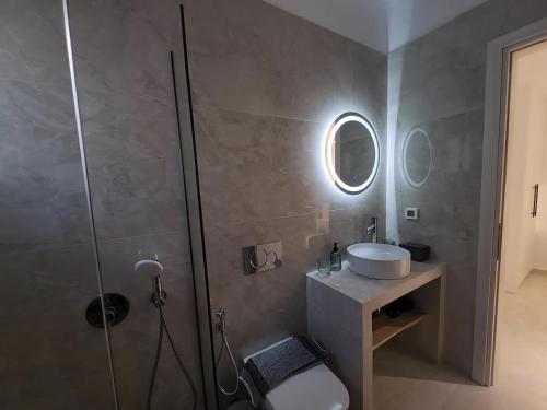 a bathroom with a shower and a sink and a mirror at Amelie apartments in Naxos Chora