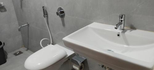 a bathroom with a white toilet and a sink at Hotel Sara Executive in Pune