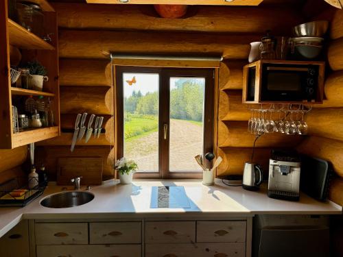 a kitchen with a window in a log cabin at Kundziņu salas in Vidriži