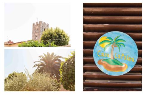 a sign for an island with a palm tree and a castle at Casa La Palma in Vecchiano