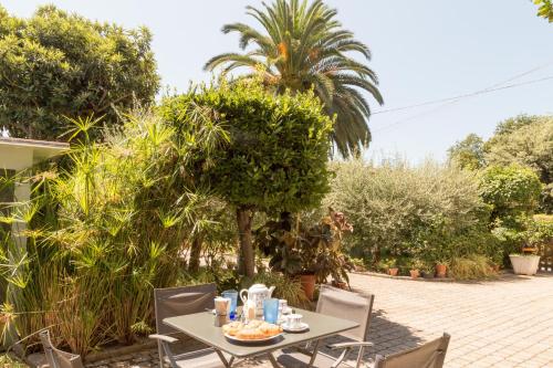 a table and chairs in a garden with a palm tree at Casa La Palma in Vecchiano
