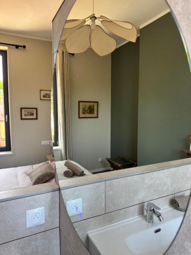 a bathroom with a mirror and a sink at Maison Eudoise, piscine et spa in Eu