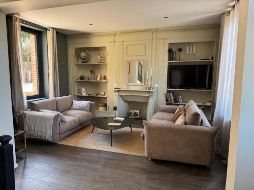 a living room with two couches and a fireplace at Maison Eudoise, piscine et spa in Eu