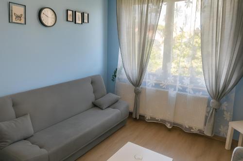 a living room with a couch and a window at Noclegi Międzylesie - Aktywny Wypoczynek in Międzylesie
