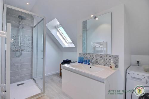 ein weißes Badezimmer mit Dusche und Waschbecken in der Unterkunft Les agapanthes in Perros-Guirec
