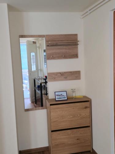 a bedroom with a dresser and a mirror at Apartman Golubica in Vukovar