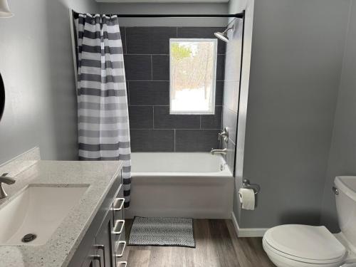 a bathroom with a tub and a toilet and a sink at Charming 3-bedroom house in Traverse City