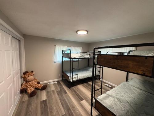 a room with two bunk beds and a teddy bear at Charming 3-bedroom house in Traverse City