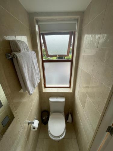 a small bathroom with a toilet and a window at Crawford House- ScholarLee Living Apartments in Cork