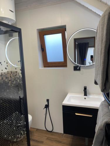 a bathroom with a shower and a sink and a mirror at Еко будинок Duet in Maydan