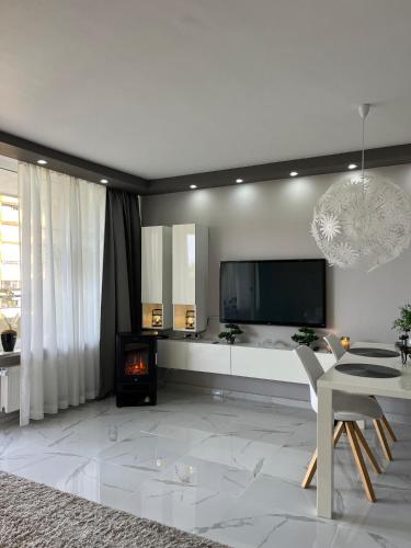 un salon avec une télévision, une table et une cheminée dans l'établissement Gemütliche Ferienwohnung 479 im Panoramic Hohegeiß Braunlage mit Pool und Sauna, à Braunlage