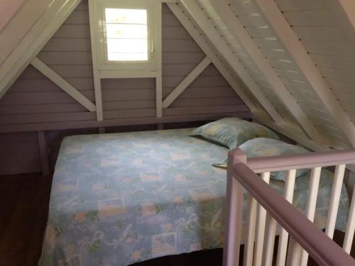 a bedroom with a bed in a attic at Maison charmante à Sainte-Anne in Sainte-Anne