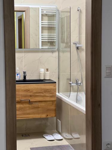 a bathroom with a sink and a shower at Biby Luxury Apartament in Ploieşti