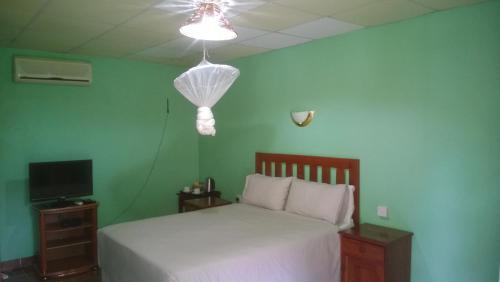 a bedroom with a white bed and a television at Gloria's Bed and Breakfast in Livingstone
