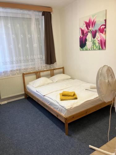 a bedroom with a bed with a fan and a window at Einsteinova UFO bridge in Bratislava