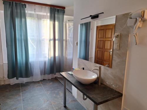 ein Badezimmer mit einem Waschbecken und einem Spiegel in der Unterkunft Wellness Hotel TREZOR in Pécs