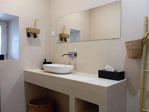 a bathroom with a white sink and a mirror at Suite Antonin in La Sauvetat-sur-Lède