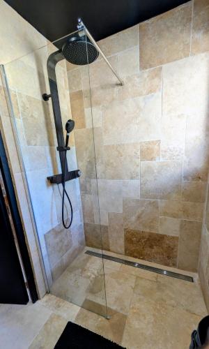 a shower with a glass door in a bathroom at Gîte des champs étoilés in Thuboeuf