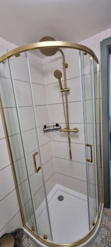 a shower with a glass door in a bathroom at dziupla in Górki Wielkie
