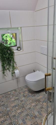 a white bathroom with a toilet and a window at dziupla in Górki Wielkie