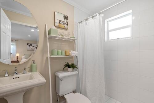 デルレイビーチにあるCosy And Stylish Studio East Delray Beachのトイレ、洗面台、鏡のあるバスルーム