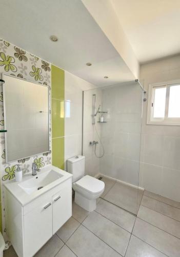 a bathroom with a toilet and a sink and a shower at My sweet home in Paphos