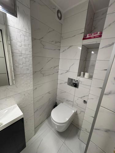 a white bathroom with a toilet and a sink at Vanja Apartman 2 in Vršac