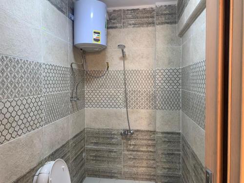 a bathroom with a shower with a toilet in it at الف ليله و ليله اكوا بارك بورسعيد in Port Said