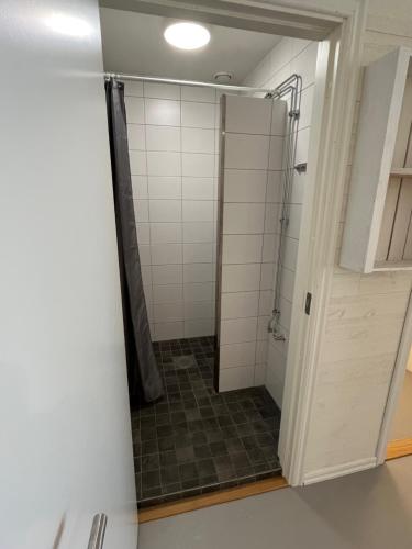 a bathroom with a shower with a glass door at Sjöhuset in Ellös