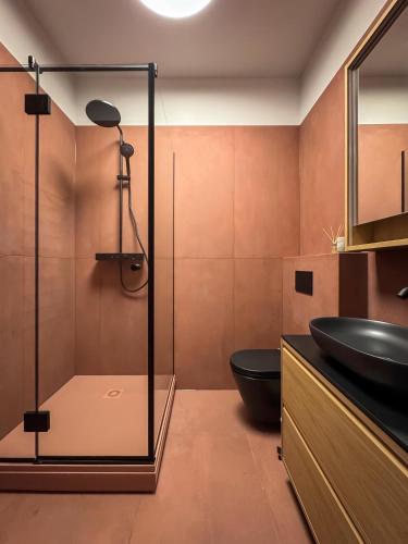a bathroom with a black toilet and a sink at Dzelzavas loft in Riga
