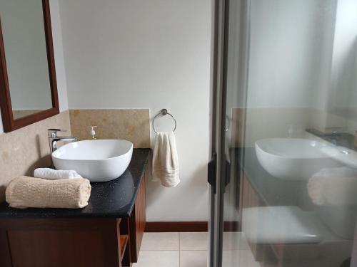 a bathroom with a sink and a glass shower at Royale Green Villa in Anse Royale