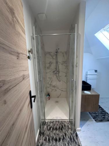 a shower with a glass door in a bathroom at Le Cocon de Vlinette in Brienne-le-Château