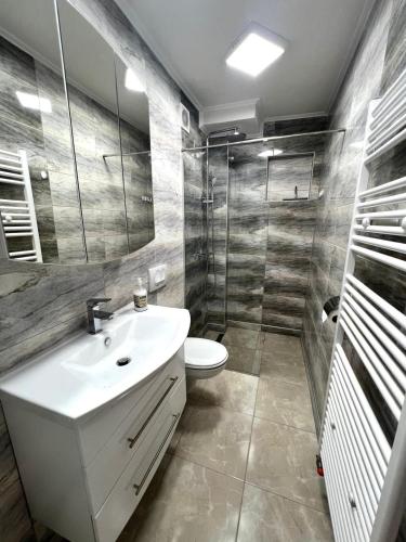 a bathroom with a toilet and a sink and a shower at Melissa luxury Apartment in Bijelo Brdo