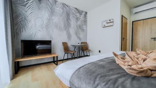 a bedroom with a bed with a television and a table at apartmány Svätého Martina in Holíč